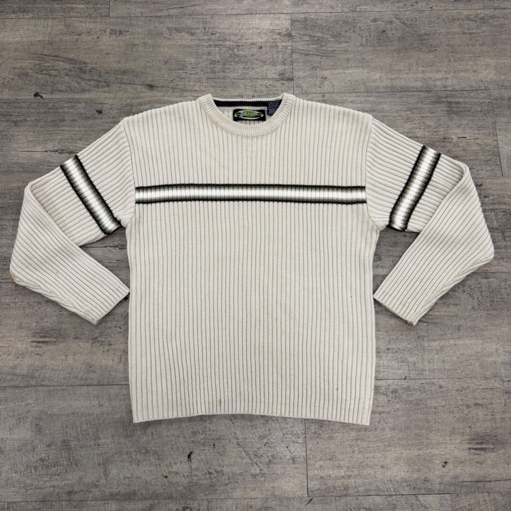 White Out Sweater Mens Medium Cream Striped Ribbed Knit Crew Neck Long Sleeve